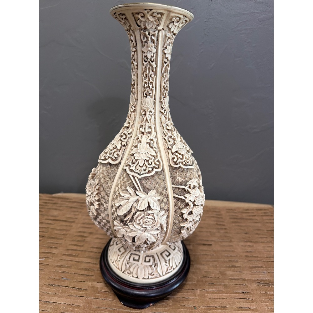 Vintage 1982 Ivory Dynasty Arnart Imports Carved Floral Vase with Wood Base 14"